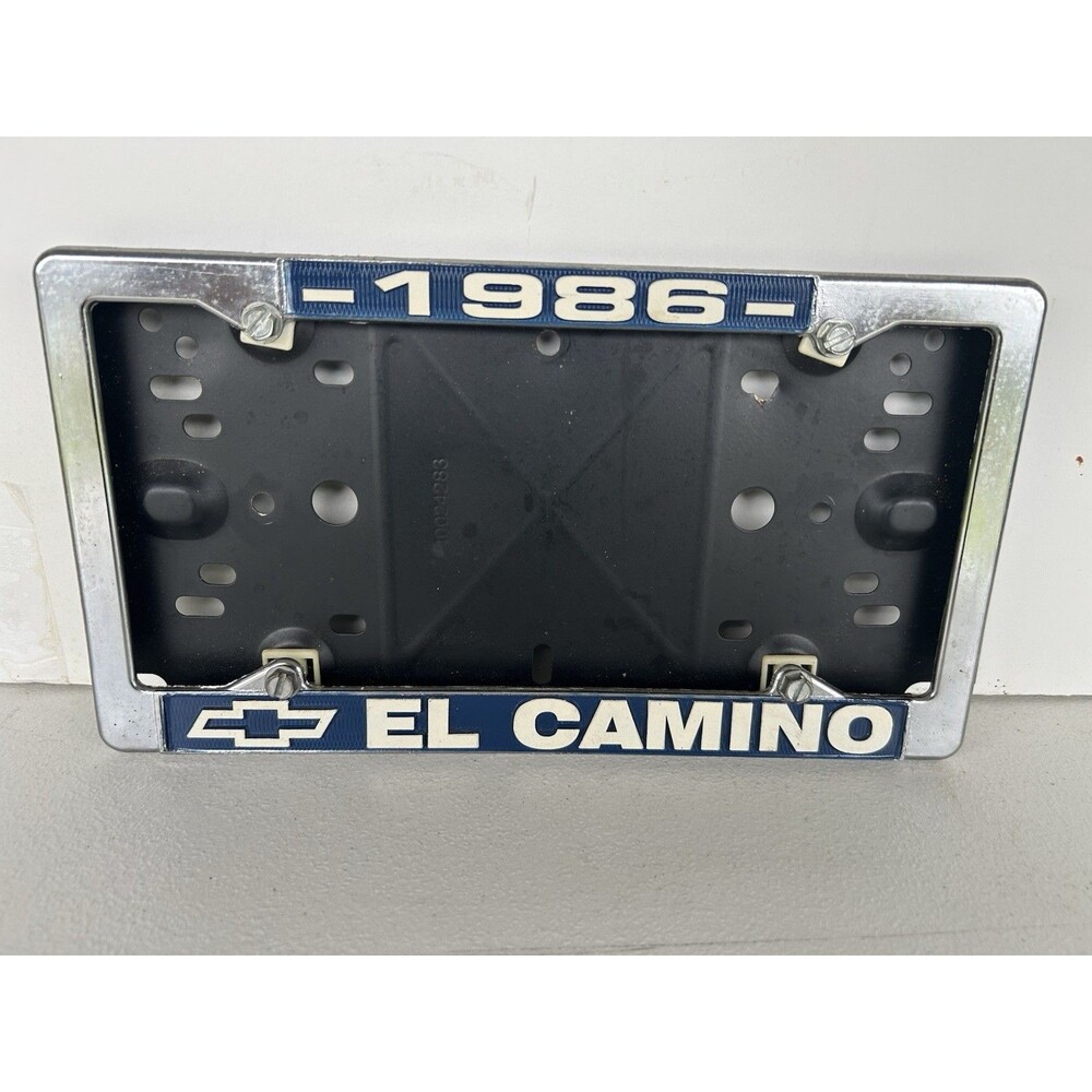 1986 Chevy El Camino License Plate Frame Bowtie Chrome Blue Front Bracket